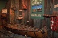 American Native Exhibit at the Parry Sound Museum showing a Canoe and other necessary hunting equiment at Parry Sound Ontario. 