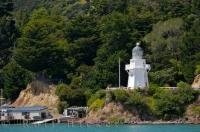 The historic Akaroa Harbour Lighthouse stands in its new location in Banks Peninsula on the South Island of New Zealand.