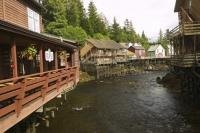 The historic boardwalk area of Creek Street in Ketchikan is a popular tourist attraction during cruise ship vacations in Alaska.