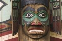 Detail of a beautifully carved totem pole in Totem Bight State Park in Ketchikan, Alaska.