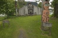 An ancient eagle totem and Tlingit tribal house on Chief Shakes Island in Wrangell, Alaska.