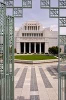 The entranceway gates open to the grounds and beautiful architecture of the Cardston Alberta Temple in Southern Alberta, Canada.