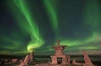 The Aurora Borealis, the Northern Lights are an amazing sight to see in the night sky and one that will simply take your breath away. This Northern Lights picture was taken above an inukshuk in the town of Churchill on the shores of Hudson Bay, Manitoba.