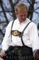 The elaborate embroidered designs on the Bavarian style Lederhose in Putzbrunn, Germany.