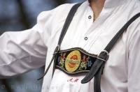 Leather suspenders are a part of the traditional Bavarian lederhosen worn by men.