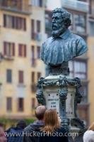 The Bust of Benvenuto Cellini, a Florentine goldsmith, has an elaborate pedestal and base which stands on the Ponte Vecchio in the historic City of Florence, Tuscany, Italy.
