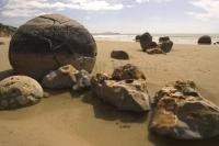 The Moeraki Boulders or big naturals are among the top tourist attractions in the South Island's East Coast near Oamaru in New Zealand.