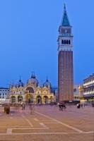 The popular tourist attraction, the Piazza San Marco watched over by the St Mark's Campanile in Venice, Italy.