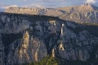 The rock cliffs in the Verdon Canyon in the Provence, France have a pink tinge to them at sunset.
