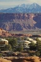 The La Sal Mountains provide a backdrop to the Canyonlands National Park in Utah, USA.