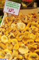 A display of chanterelle mushrooms at the Pike Place Public Market Center in downtown Seattle.
