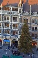 An aerial photo of a large, decorated christmas tree in the Marienplatz next to the Neues Rathaus in the city of Muenchen, Bavaria, Germany.