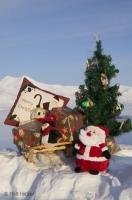 A natural photographed christmas scene with some gifts on a small wooden sleigh, a small Santa Claus and a decorated christmas tree.