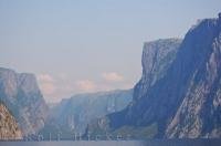 Hemmed in by sheer cliffs of the Long Mountain Range, Western Brook Pond is the largest lake in Gros Morne National Park, Newfoundland, Canada.