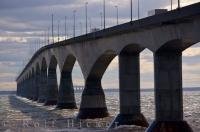 Many vehicles cross the Confederation Bridge which spans the Northumberland Strait for nine miles in Prince Edward Island, Canada.