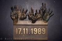 A hands plaque dated 17 November 1989, the beginning of the Velvet Revolution in the Czech Republic which was then Czechoslovakia.