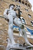 The Famous Statue of David seen in front of the Palazzo Vecchio in the Piazza della Signoria, Florence in Tuscany, Italy is a excellent copy of the original.