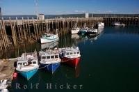 Brightly coloured fishing boats dock along the wharf at the marina in the town of Digby in the Evangeline Trail in the Bay of Fundy in Nova Scotia, Canada.