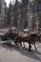 Tourists enjoy their horse buggy rides in the downtown area of Vienna, Austria with this one passing by the Stephansdom Cathedral.