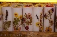 Hand crafted candles with floral designs at the La Source Parfumee in the village of Gourdon, Provence, France.