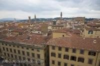 An aerial view of the City of Florence in the Region of Tuscany in Italy, Europe from the bell tower or Duomo Campanile.