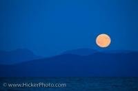 The full moon rises majestically above the silhouette of the Coast Mountains of mainland British Columbia, and stands out bright and yellow against the darkened sky. This photo was taken from Fillongley Provincial Park Denman Island in British Columbia.