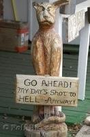 A carving of a cat with a funny sign along Route 66 in Seligman, Arizona.