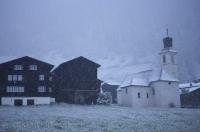 A bout of snow covers the ground with snow in late May in the village of Gluringen, Switzerland.