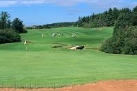 The hilly fairway of a hole at the Green Gables Golf Course in Prince Edward Island, Canada.