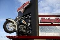 The front end of a Harley Davidson on a building in Las Vegas, Nevada.