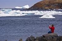 A woman sits on the rocky shore in the town of Quirpon on the Great Northern Peninsula of Newfoundland as she spends her time iceberg watching.