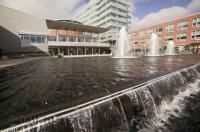 A pretty fountain adorns the entrance to City Hall in Kitchener, Ontario, Canada.