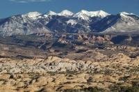 The La Sal Mountains viewpoint is situated in Arches National Park in Utah, USA.