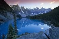 The azure waters of Lake Moraine which is situated in the Banff National Park of Alberta, Canada.