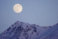The moon appears large and bright above the Brooks Range Mountains in the arctic region of Alaska, USA.