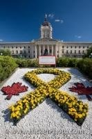 The Legislative Building with the flower and rock garden in support of Canadian Troops, in the City of Winnipeg, the Province of Manitoba, Canada. Excavations for the building began in 1913 and opening ceremonies were July 15, 1920.