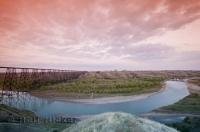 The high level rail bridge is located in Lethbridge in southern Alberta, Canada.