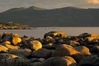 A golden sunset lights up the rocks near the Lobster Cove Head Lighthouse in Gros Morne National Park in Newfoundland, Canada.
