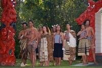 A group photo taken of the Maori people at the Wairakei Terraces near Taupo on the North Island of New Zealand.