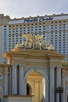 Architectural details of the mega-resort Monte Carlo Hotel and Casino facade, located along the famous 