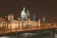 Photograph of the Montreal city old port area with Bonsecours Market at early night in winter, Quebec, Canada.