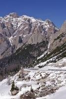 The snow covered mountain pass known as Passo Valparola sits at 2168 meters in South Tyrol, Italy.