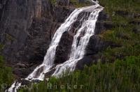An aerial picture of an unnamed waterfall which cascades over the rocky ledges in the Mealy Mountains in Southern Labrador, Canada.