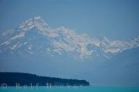 Mt Cook and the Southern Alps tower above Lake Pukaki in Canterbury on the South Island of New Zealand.