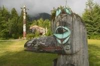The symbols depicting the native american indian culture in the Saxman Totem Park in Ketchikan, Alaska a popular cruise ship destination.