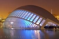 The night lights radiate from the L Hemisferic at the City of Arts and Science in Valencia, Spain in Europe.