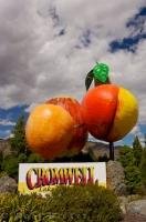 A large fruit sculpture sits at the entrance and above the sign to the town of Cromwell in Central Otago on the South Island of New Zealand. Cromwell an idyllic place situated right on the banks of Lake Dunstan.