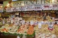 A picture of the vast selection of fish on display at the Pike Market Fish Co at the Public Market Center in downtown Seattle.