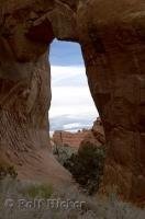 Situated along the Devils Garden trail is Pine Tree Arch in Arches National Park, Utah, USA.