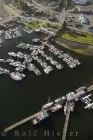 An aerial view of the harbour and marina located in Port McNeill in British Columbia, Canada.